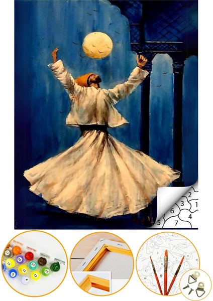 Sayılarla Boyama Numaralı Tuval Seti Fırça Boya Dahil 40X50CM - Semazen Mevlana