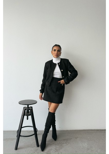 Siyah Crop Ceket Etekli Takım