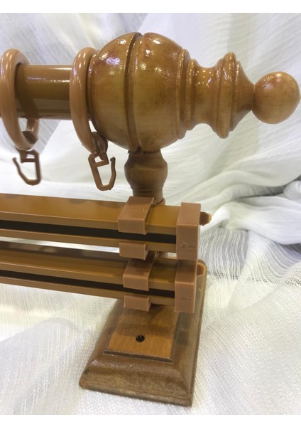 Çift Raylı Rustik Halkalı Perde Tutucu 3lü Perde Askısı Ahşap Başlık Metal Boru Ray