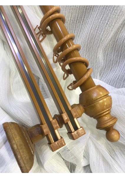 Çift Raylı Rustik Halkalı Perde Tutucu 3lü Perde Askısı Ahşap Başlık Metal Boru Ray