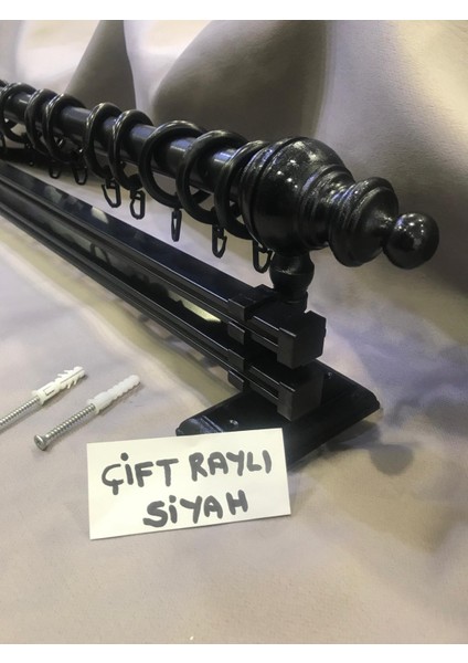 Çift Raylı Rustik Halkalı Perde Tutucu 3lü Perde Askısı Ahşap Başlık Metal Boru Ray indirimleri