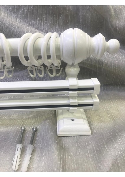 Çift Raylı Rustik Halkalı Perde Tutucu 3lü Perde Askısı Ahşap Başlık Metal Boru Ray indirimleri