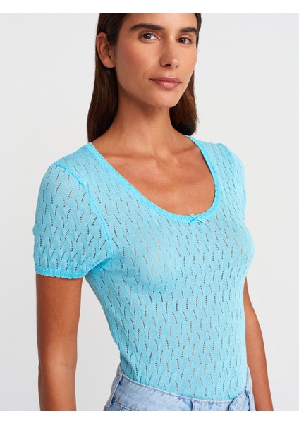 10730 Açık Bisiklet Yaka Ajurlu Fiyonk Detaylı Ince Triko Bluz-Kahve modelleri