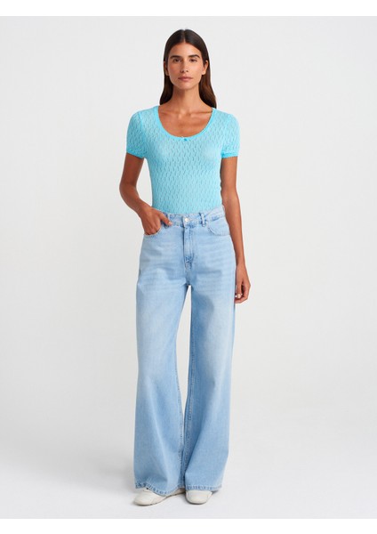 10730 Açık Bisiklet Yaka Ajurlu Fiyonk Detaylı Ince Triko Bluz-Kahve fırsatları