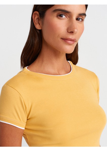 31750 Kontrast Kısa Kollu Tshirt-Hardal