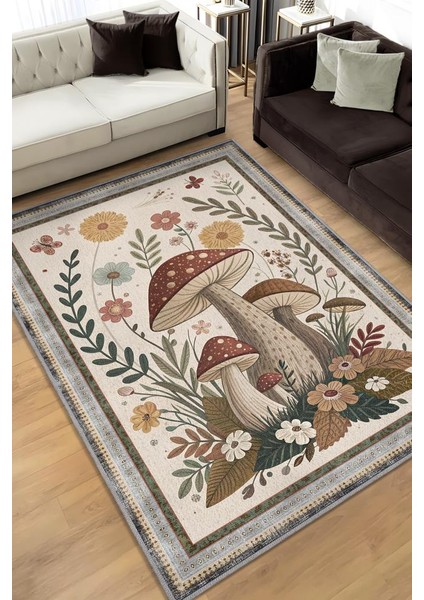 Art Deco Çiçekli Mantar Desenli Halı Bitki Temalı Krem Renkli Modern Dijital Baskı Halı