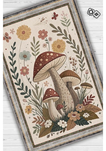 Art Deco Çiçekli Mantar Desenli Halı Bitki Temalı Krem Renkli Modern Dijital Baskı Halı