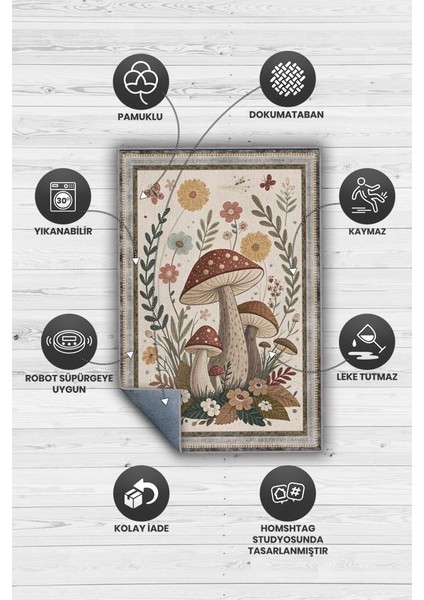 Art Deco Çiçekli Mantar Desenli Halı Bitki Temalı Krem Renkli Modern Dijital Baskı Halı