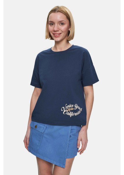 Odette Lacivert Bisiklet Yaka Baskılı Loose Fit Kadın Tshirt