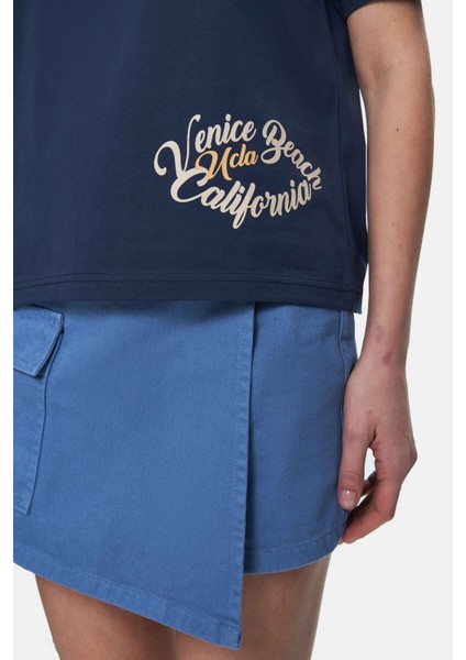 Odette Lacivert Bisiklet Yaka Baskılı Loose Fit Kadın Tshirt