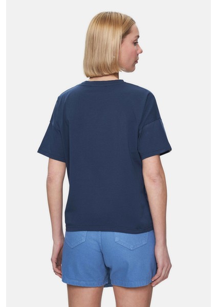 Odette Lacivert Bisiklet Yaka Baskılı Loose Fit Kadın Tshirt