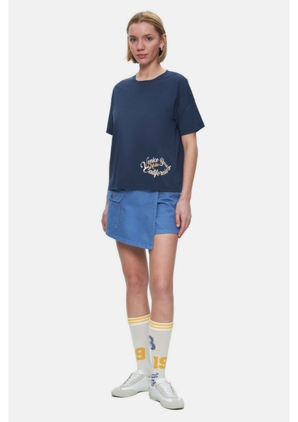 Odette Lacivert Bisiklet Yaka Baskılı Loose Fit Kadın Tshirt