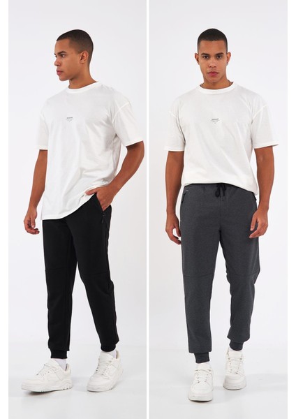 Siyah-Antrasit Paçası Lastikli Erkek 2'li Eşofman Altı