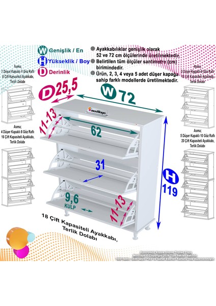 Varbi Antre Hol 72 x 119 x 25,5 cm Lik 3 Düşer Kapak 6 Göz Raf Bölmeli Ayakkabılık
