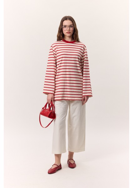 Çizgili Uzun Oversıze Tshırt Kırmızı