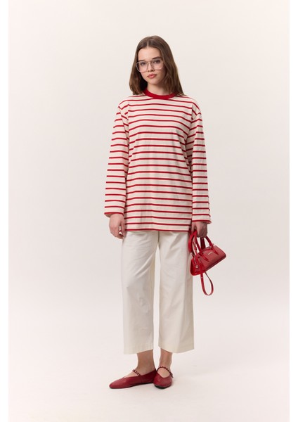 Çizgili Uzun Oversıze Tshırt Kırmızı fiyatları