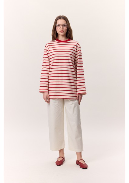 Çizgili Uzun Oversıze Tshırt Kırmızı fırsatları