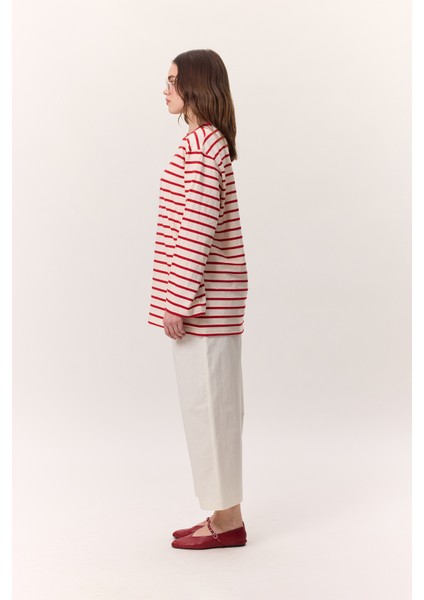 Çizgili Uzun Oversıze Tshırt Kırmızı indirimleri