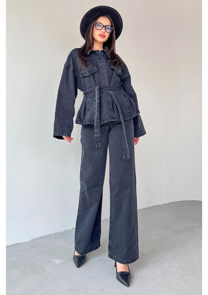 TKM-03688 Siyah Denim Kuşaklı Ceket Jean Ikili Takım