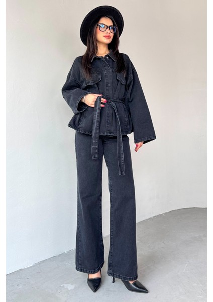 TKM-03688 Siyah Denim Kuşaklı Ceket Jean Ikili Takım modelleri