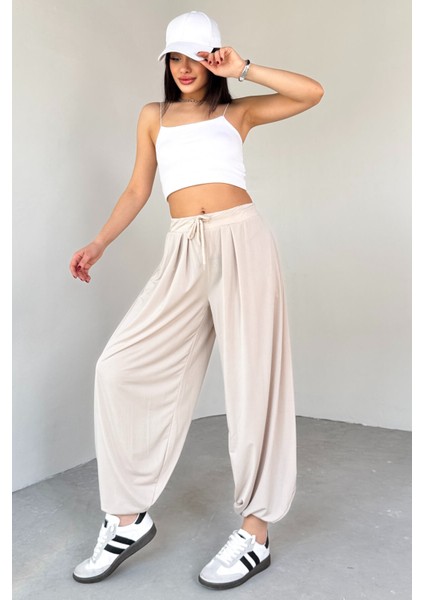 PNT-07413 Taş Rengi Modal Kumaş Paça Detaylı Şalvar Pantolon
