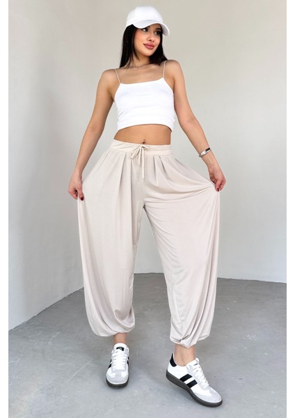 PNT-07413 Taş Rengi Modal Kumaş Paça Detaylı Şalvar Pantolon