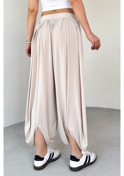 PNT-07413 Taş Rengi Modal Kumaş Paça Detaylı Şalvar Pantolon