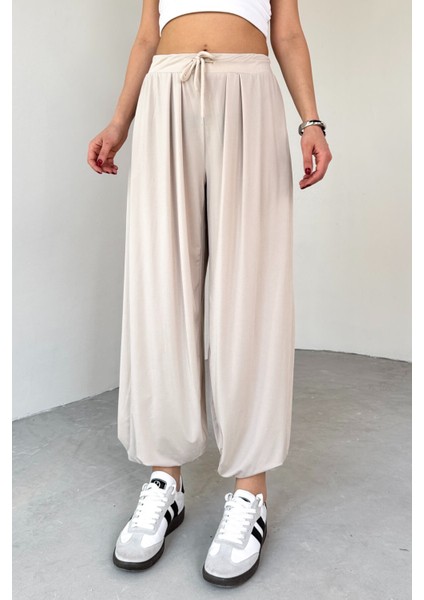 PNT-07413 Taş Rengi Modal Kumaş Paça Detaylı Şalvar Pantolon