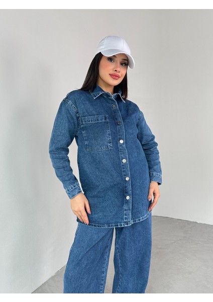 TKM-03681 Koyu Mavi Tek Cepli Çıtçıtlı Ceket Bel Lastikli Ip Bağlamalı Salaş Pantolon Ikili Takım