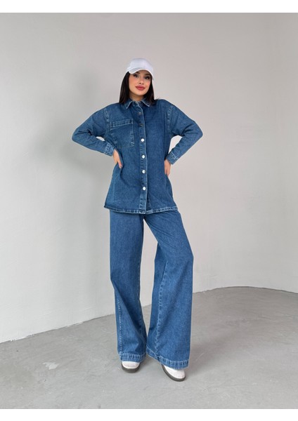 TKM-03681 Koyu Mavi Tek Cepli Çıtçıtlı Ceket Bel Lastikli Ip Bağlamalı Salaş Pantolon Ikili Takım