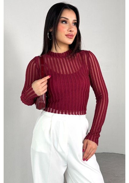 BLZ-06279 Bordo Astarlı Transparan Uzun Kollu Bluz