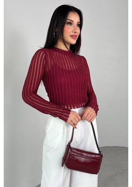 BLZ-06279 Bordo Astarlı Transparan Uzun Kollu Bluz