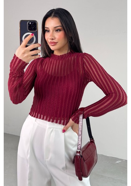 BLZ-06279 Bordo Astarlı Transparan Uzun Kollu Bluz