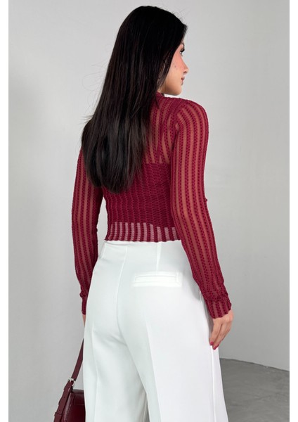BLZ-06279 Bordo Astarlı Transparan Uzun Kollu Bluz