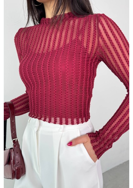 BLZ-06279 Bordo Astarlı Transparan Uzun Kollu Bluz