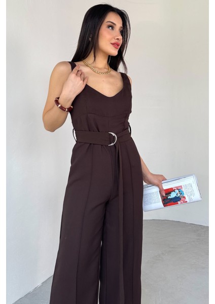 ELB-01758 Acı Kahve Ince Askılı Kuşaklı Tulum