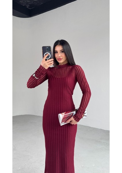ELB-01751 Bordo Transparan Ip Askılı Astarlı Uzun Elbise