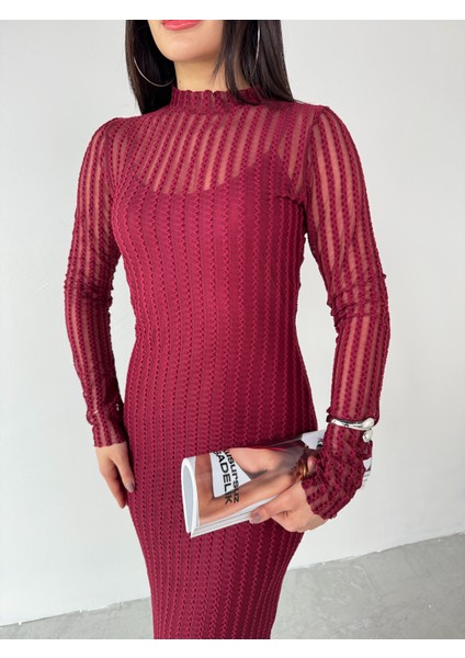 ELB-01751 Bordo Transparan Ip Askılı Astarlı Uzun Elbise