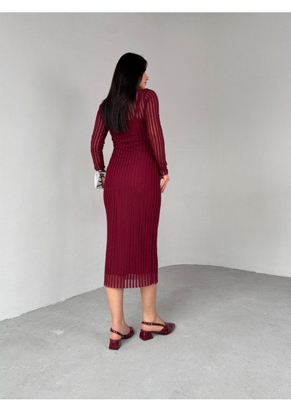 ELB-01751 Bordo Transparan Ip Askılı Astarlı Uzun Elbise