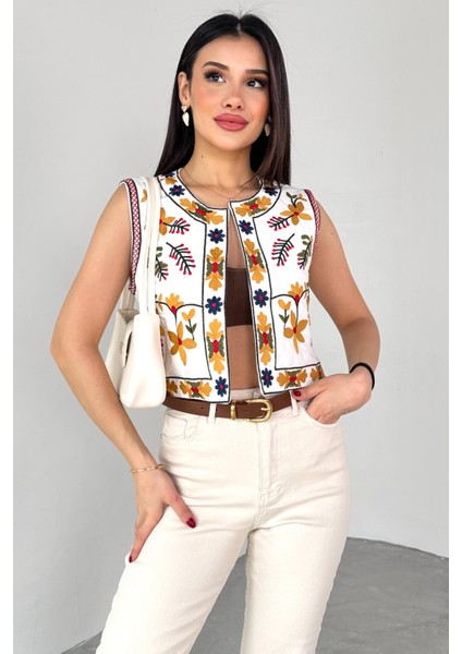 CKT-12445 Sarı Çiçek Işlemeli Astarlı Crop Yelek