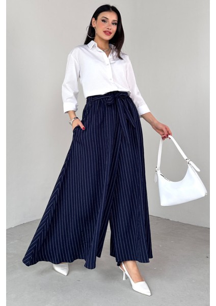 PNT-07411 Lacivert Çizgili Dokuma Şalvar Etek Pantolon