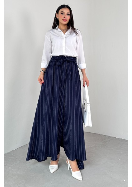 PNT-07411 Lacivert Çizgili Dokuma Şalvar Etek Pantolon