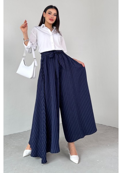 PNT-07411 Lacivert Çizgili Dokuma Şalvar Etek Pantolon