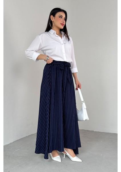 PNT-07411 Lacivert Çizgili Dokuma Şalvar Etek Pantolon