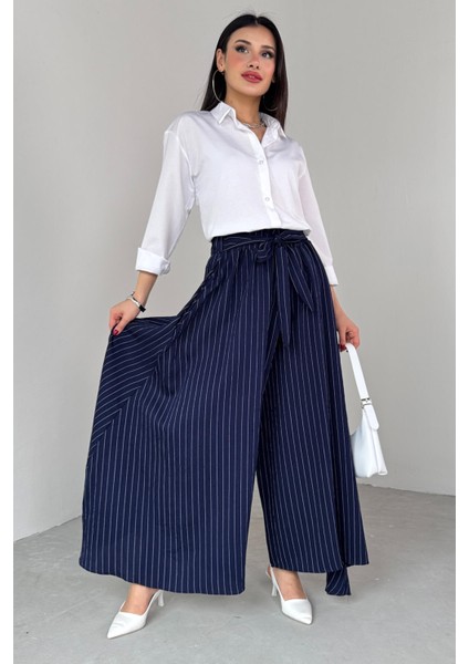 PNT-07411 Lacivert Çizgili Dokuma Şalvar Etek Pantolon