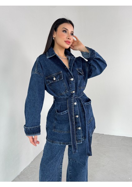 TKM-03679 Koyu Mavi Çift Cepli Kemerli Ceket Salaş Pantolon Kot Kumaş Ikili Takım