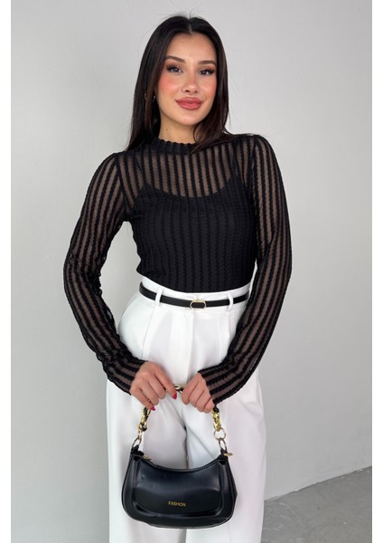 BLZ-06279 Siyah Astarlı Transparan Uzun Kollu Bluz