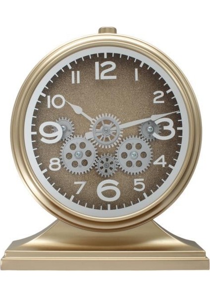 Premium Serisi Modern Kadranlı Döner Çarklı 32X28 cm Ev ve Ofis Masa ve Duvar Saati Rakamlı Simli Gold