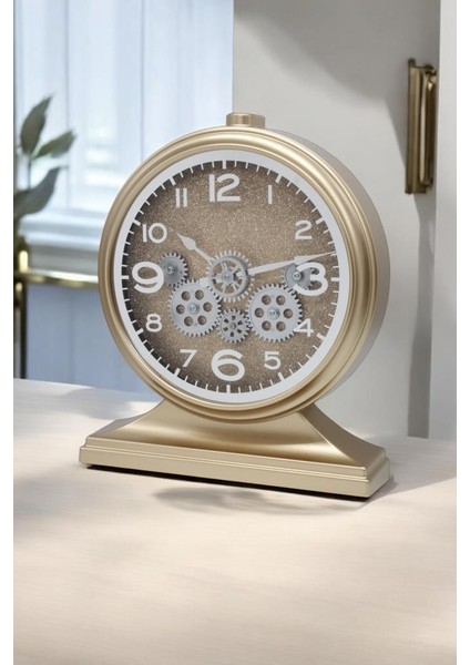 Premium Serisi Modern Kadranlı Döner Çarklı 32X28 cm Ev ve Ofis Masa ve Duvar Saati Rakamlı Simli Gold modelleri