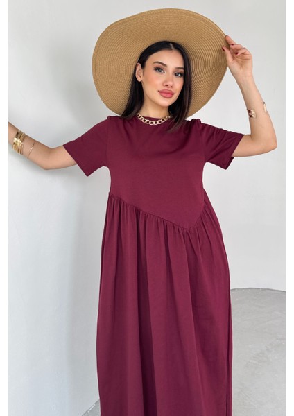 ELB-01763 Bordo Bel Pile Detaylı Kısa Kol Midi Boy Elbise